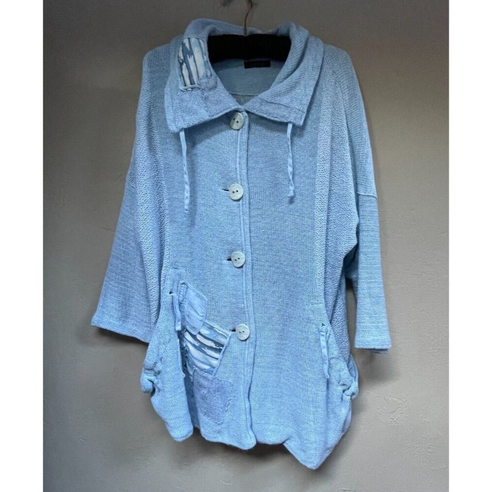 Jaskar Linen Blend Patchwork Button Front Knit Cardigan Sweater Pockets Blue